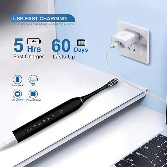 6-Speed Electric Toothbrush with Smart Timer – IP67 Waterproof, USB Rechargeable, Soft Brush Heads for Adults