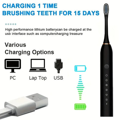 6-Speed Electric Toothbrush with Smart Timer – IP67 Waterproof, USB Rechargeable, Soft Brush Heads for Adults