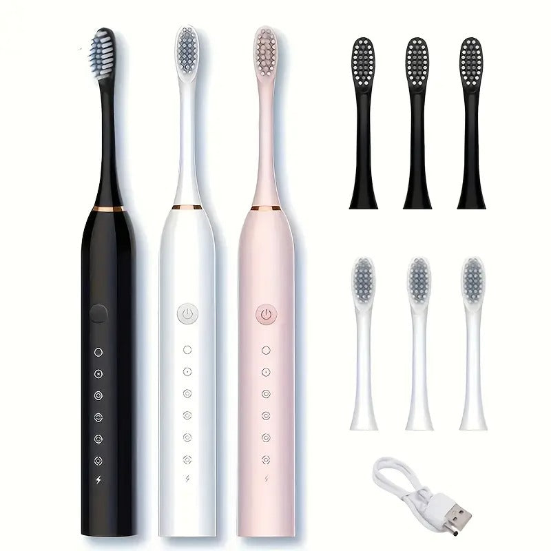 6-Speed Electric Toothbrush with Smart Timer – IP67 Waterproof, USB Rechargeable, Soft Brush Heads for Adults