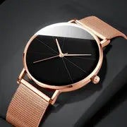 Elegant Minimalist Large Dial Watch with Rose Golden Case and Mesh Strap